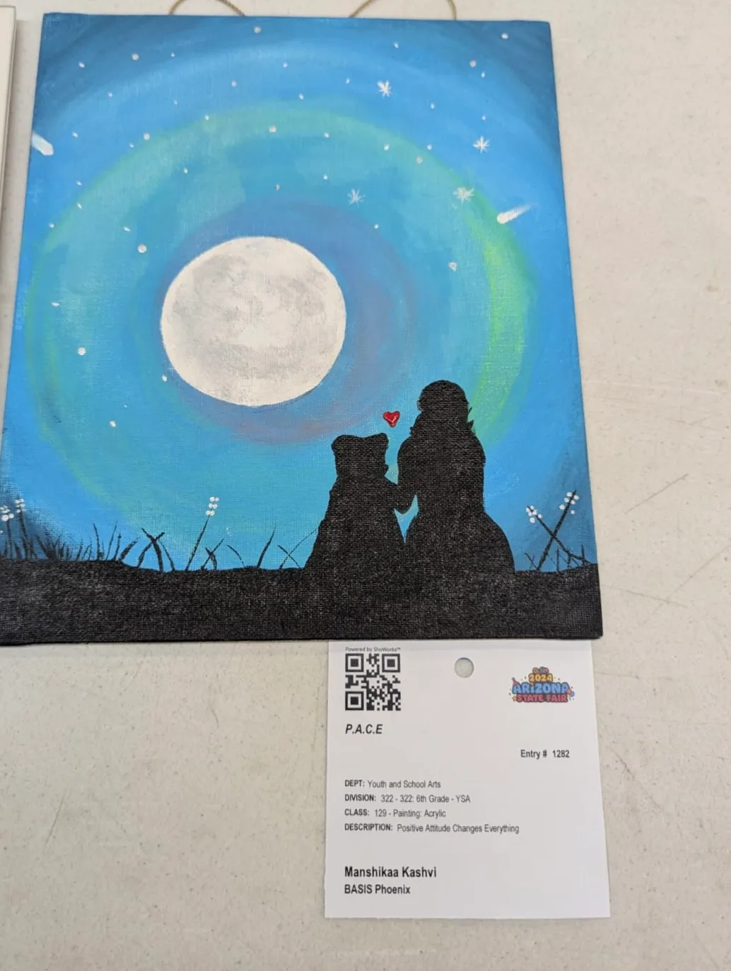 Together Under the Moon — Painted and sold at the Arizona State Fair when I was 11, this piece captures a girl and her dog beneath a glowing moon, celebrating companionship and positive change.