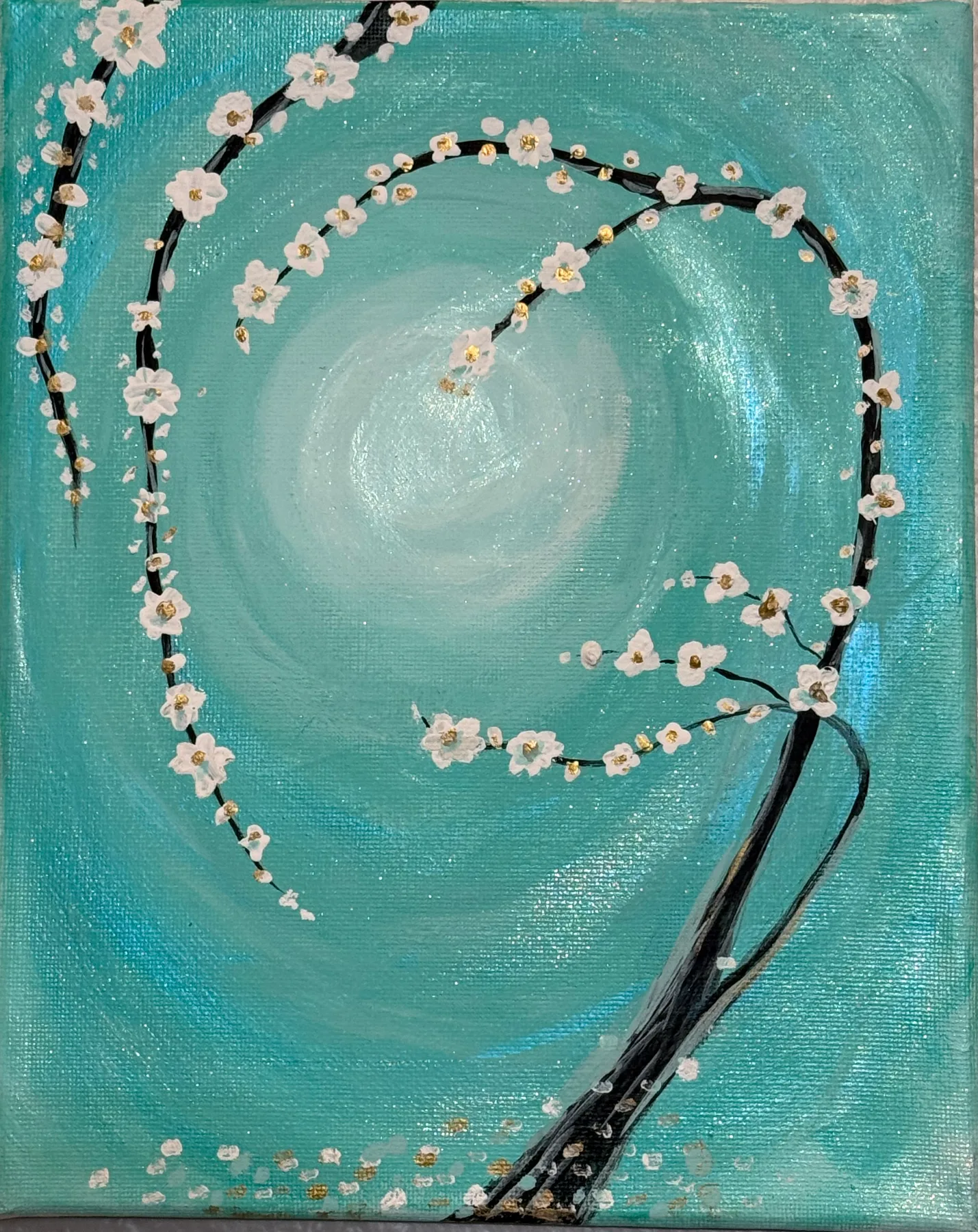Acrylic and Metallic Accents on Canvas — White cherry blossoms arch across a swirling turquoise background to explore nature's cyclical flow. Golden accents anchor the composition in a serene, dreamlike whirlwind.